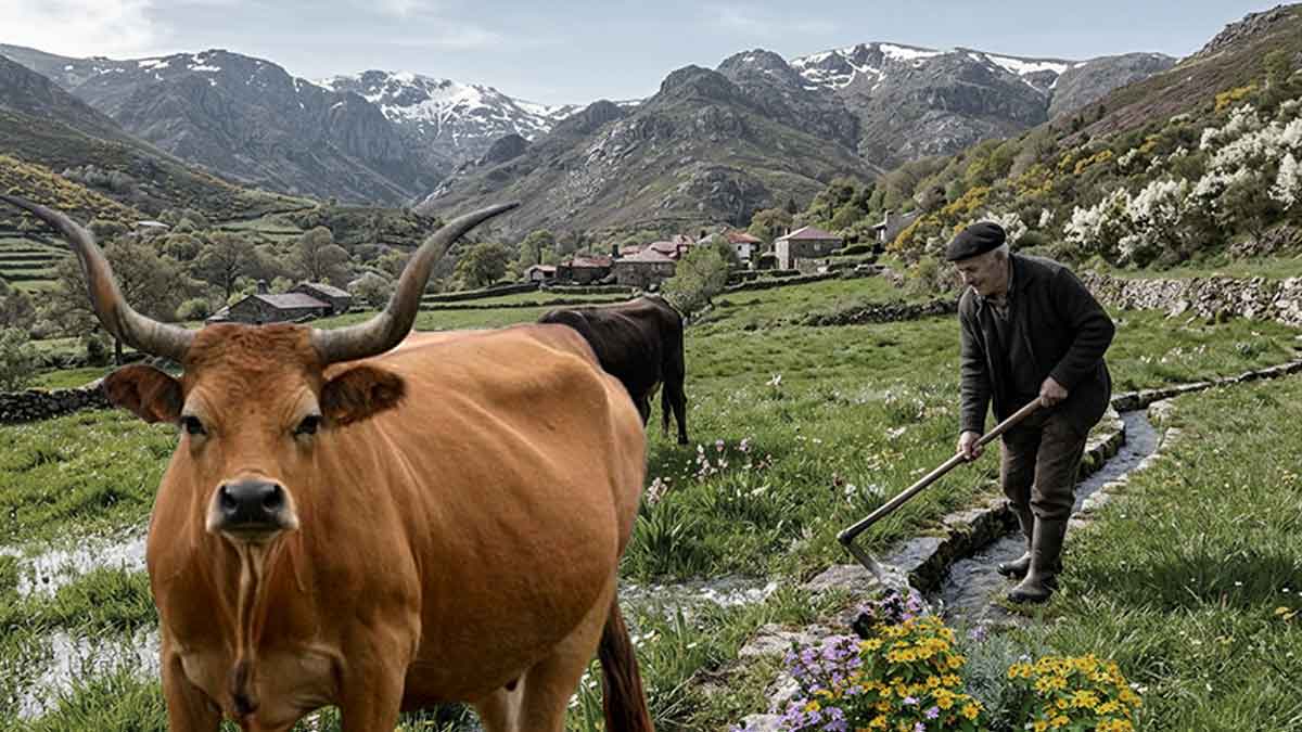 Agricultor transmontano, com enxada na mão, a cuidar de um lameiro, com a sua vaca barrosã por perto.