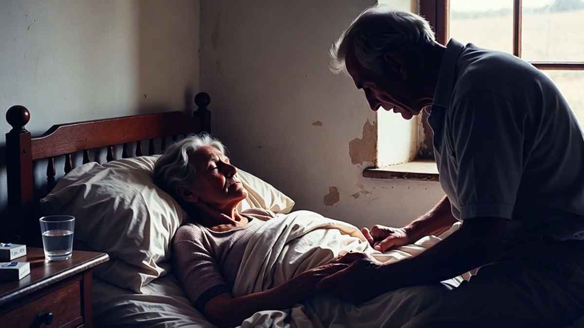 Idosa doente repousa deitada na cama