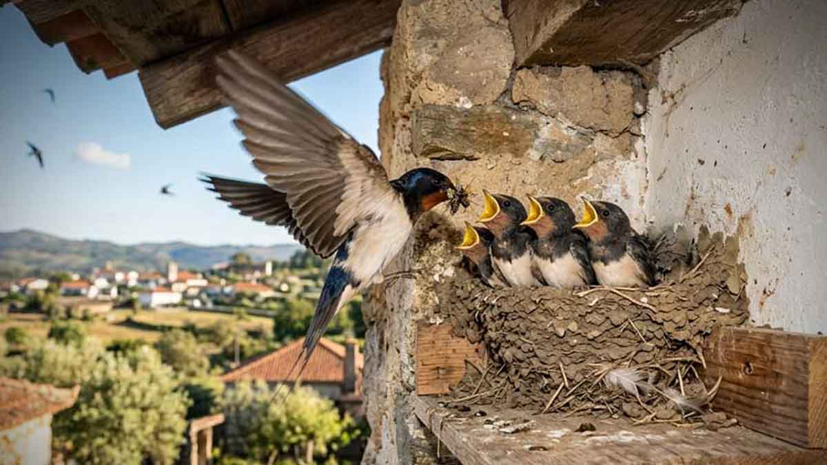 Andorinha a alimentar as suas crias num ninho debaixo de um telhado.