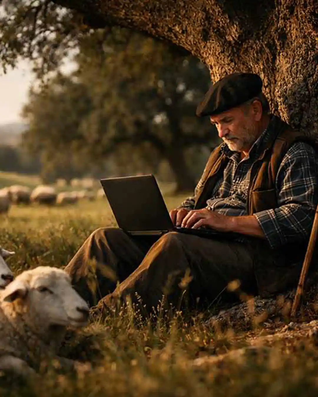 Pastor sentado encostado a um carvalho enquanto envia uma mensagem no seu computador portátil, num ambiente rural e cercado por ovelhas.