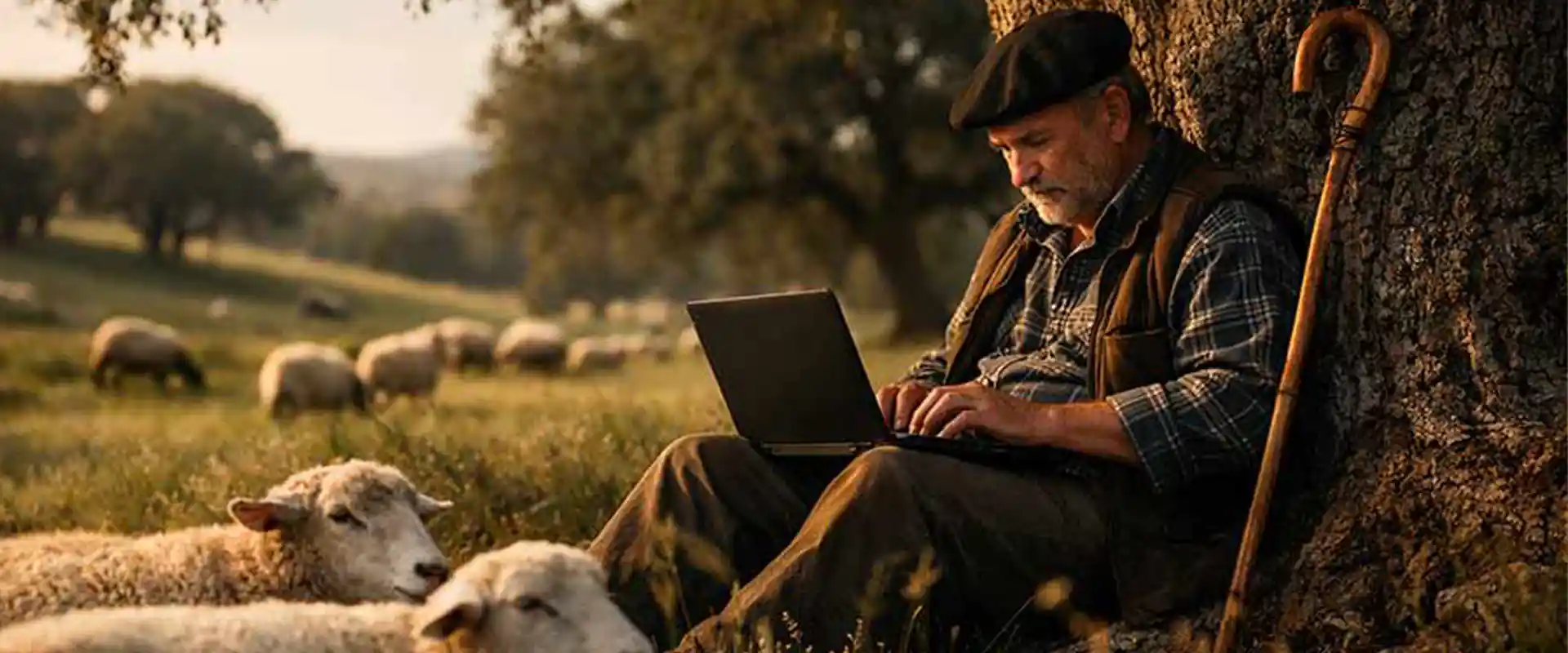 Pastor sentado encostado a um carvalho enquanto envia uma mensagem no seu computador portátil, num ambiente rural e cercado por ovelhas.