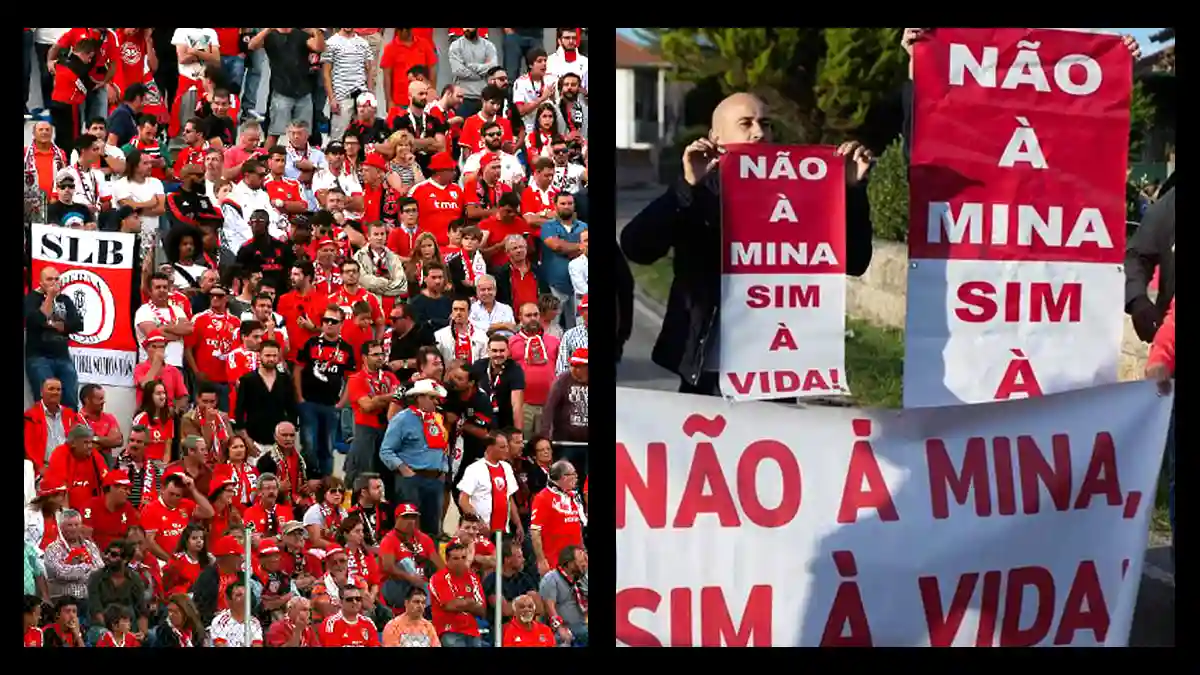 Montagem comparando bancadas cheias no estádio de Chaves com manifestantes na defesa do território do Barroso