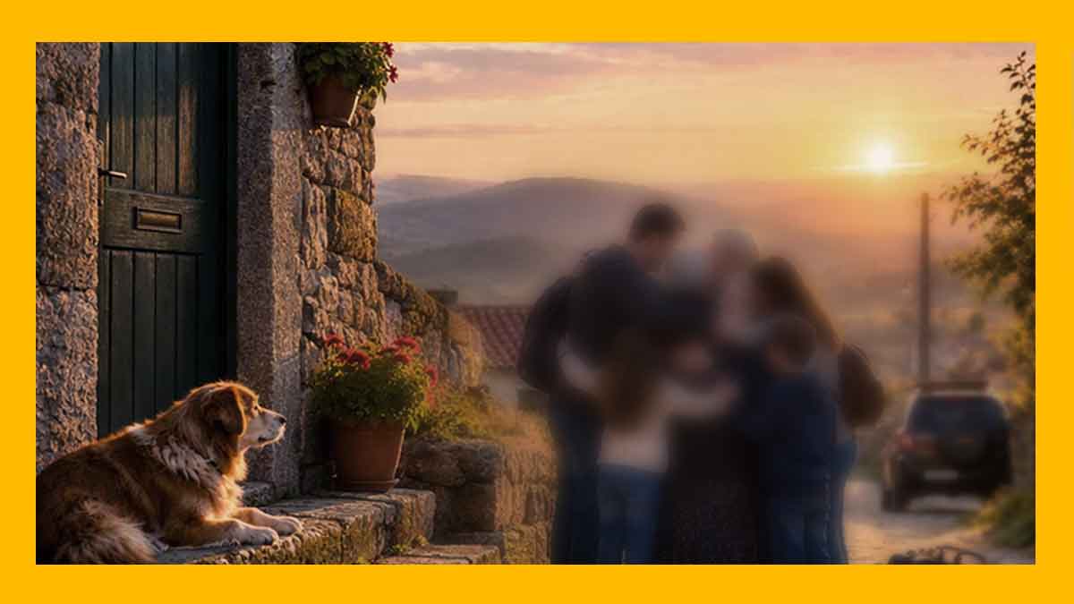 Imagem com moldura amarela mostrando um cão deitado na soleira de uma casa de pedra e, ao fundo, uma família abraçada numa despedida ao pôr do sol na aldeia.