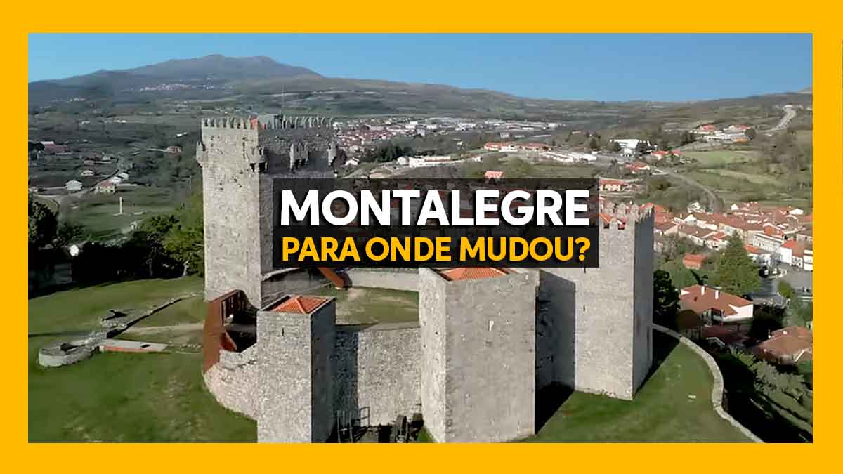 Cartaz com moldura amarela mostrando uma vista aérea do Castelo de Montalegre em granito com a vila e as montanhas ao fundo. Ao centro, lê-se MONTALEGRE PARA ONDE MUDOU?