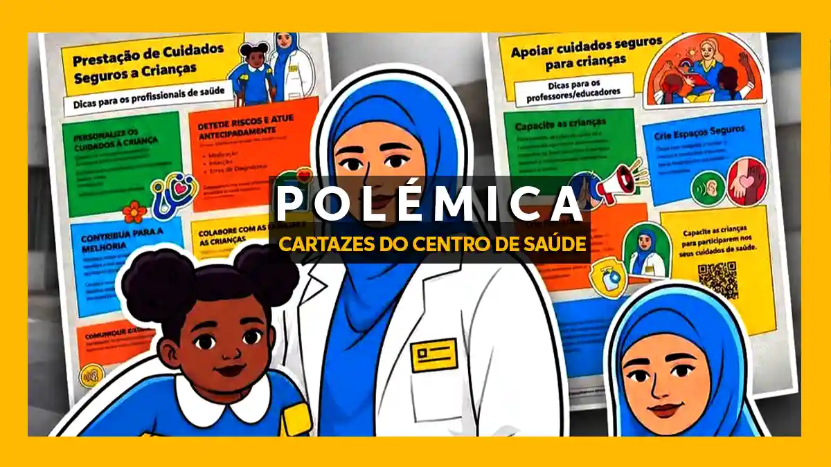 Cartaz com moldura amarela exibindo ilustrações de folhetos de saúde infantil com uma profissional de hijab e a palavra POLÉMICA ao centro.